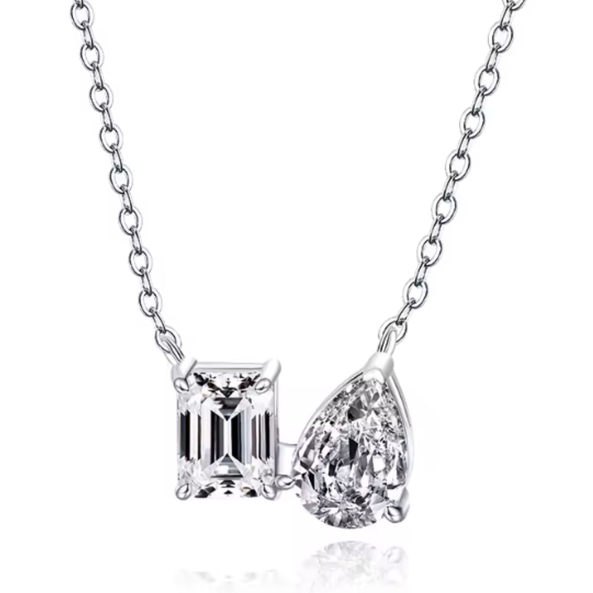 ÉCLATINE Toi et Moi Moissanite Necklace – 2 CT Total | Emerald & Pear Cut